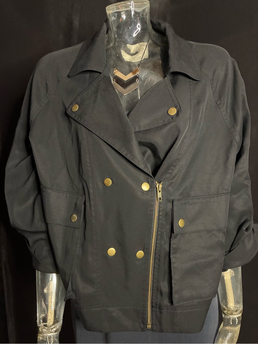 LOFT Black Lightweight Double-Breasted Jacket with Gold Buttons - Picture 3 of 8
